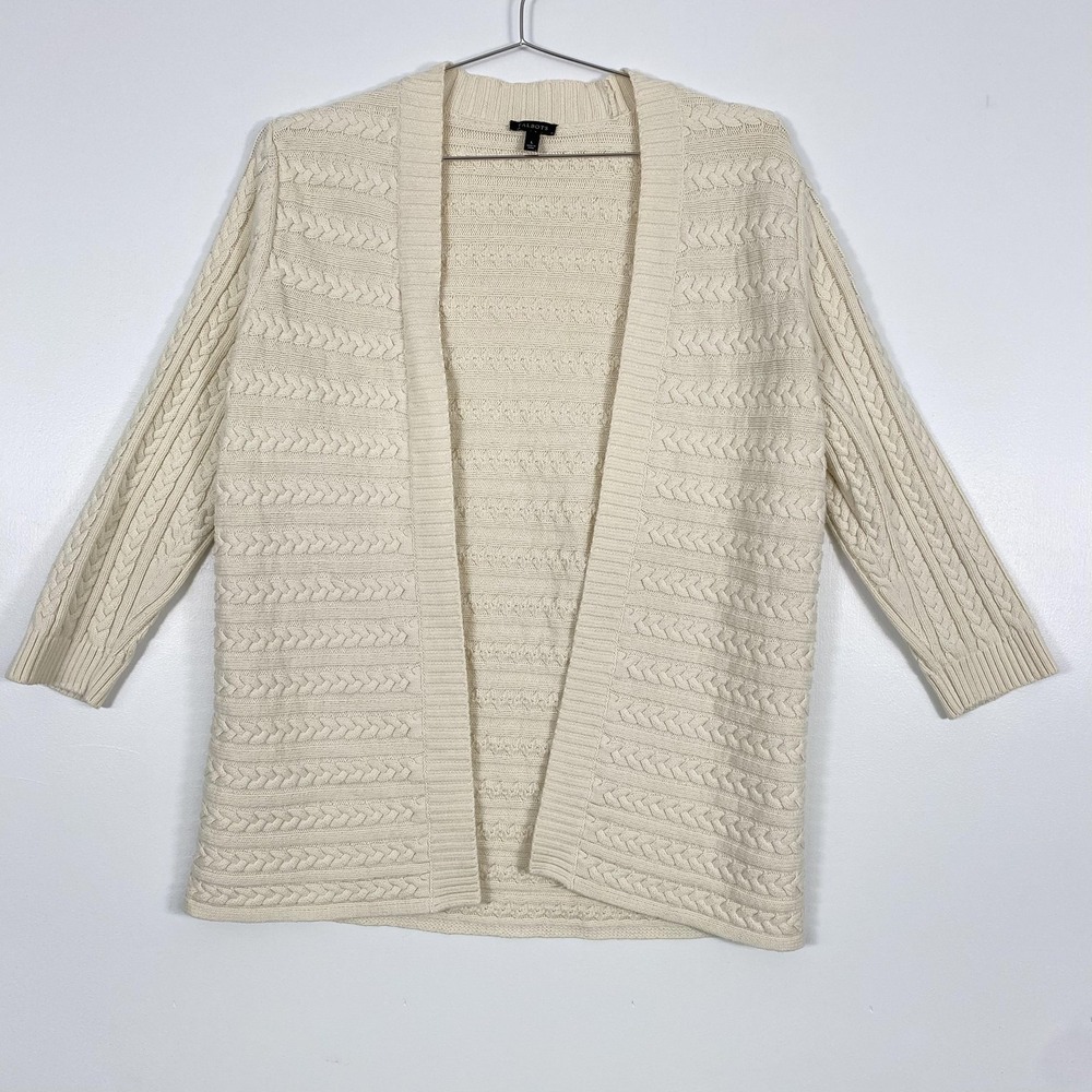 Talbots Cardigan Sweater Womens Large Cream Cable Knit Open Front‎ Cotton Chunky
